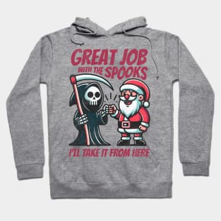 Grim Reaper Fist Bump with Santa Claus. From Halloween to Christmas Tis The Season Holiday Hoodie